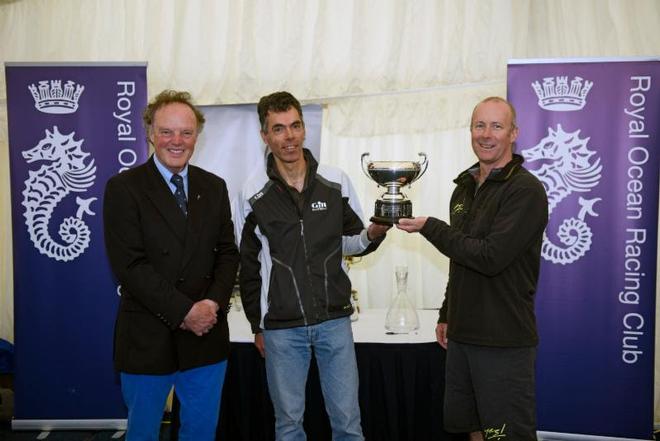 RORC Commodore, Michael Boyd with joint RORC IRC National Championship trophy winners, Benoit D'halluin, helmsman of Dunkerque - Les Dunes de Flandre and Adam Gosling, owner/driver of Yes! © Rick Tomlinson / RORC http://www.rorc.org